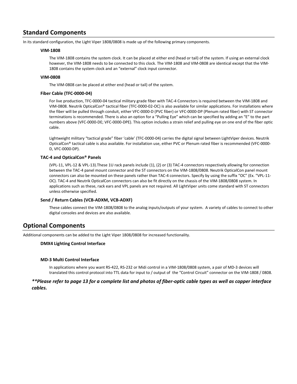 Standard components, Optional components | FiberPlex VIM-0808 User Manual | Page 8 / 21
