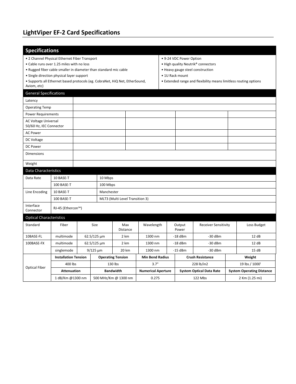 Lightviper ef‐2 card specifications, Specifications | FiberPlex EF2 User Manual | Page 12 / 18