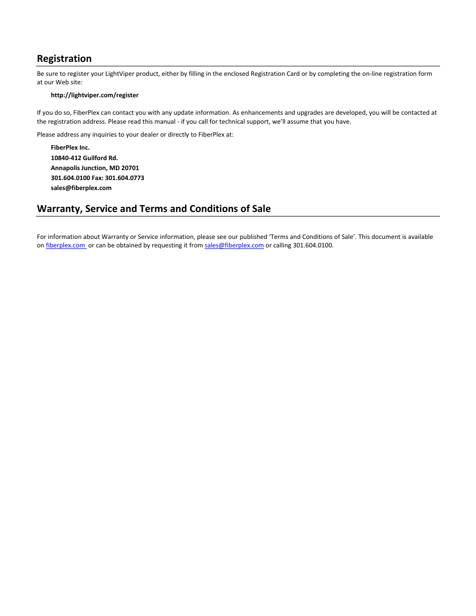 Registration, Warranty, service and terms and conditions of sale | FiberPlex EF2 User Manual | Page 4 / 18