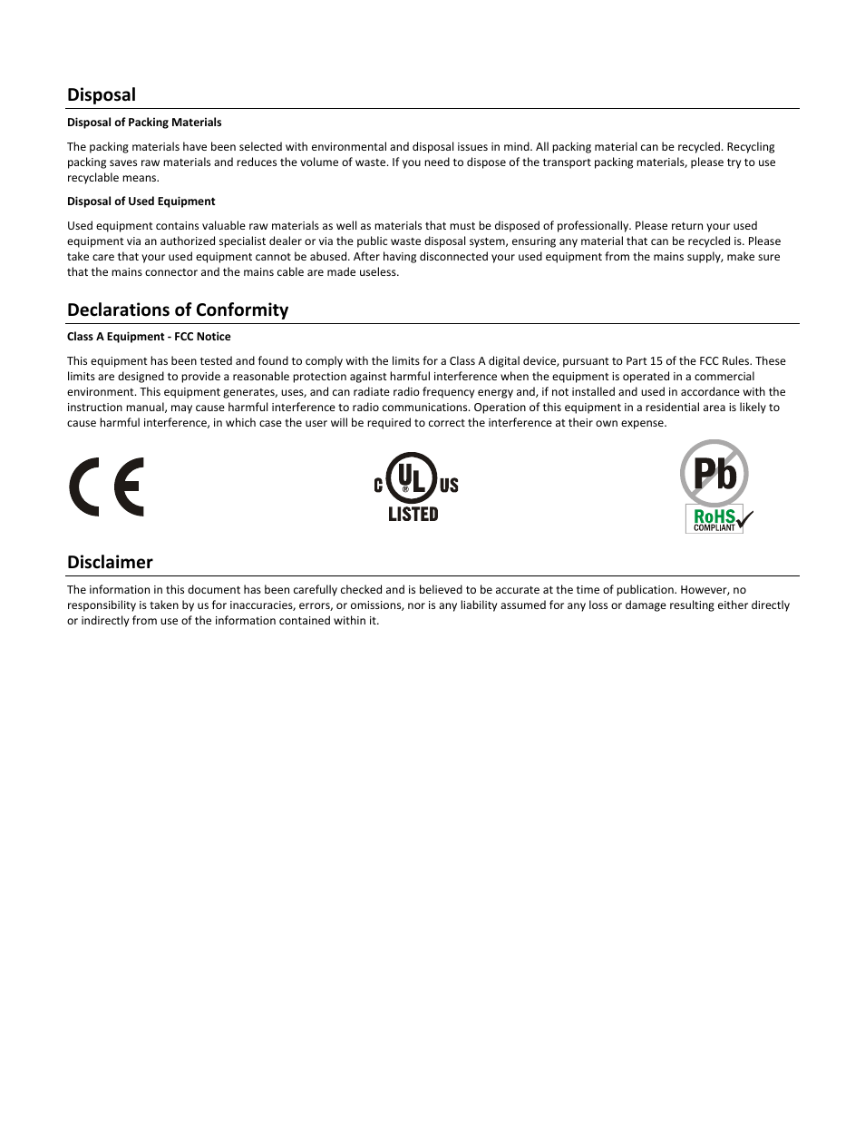 Disposal, Declarations of conformity, Disclaimer | FiberPlex EF2 User Manual | Page 5 / 18