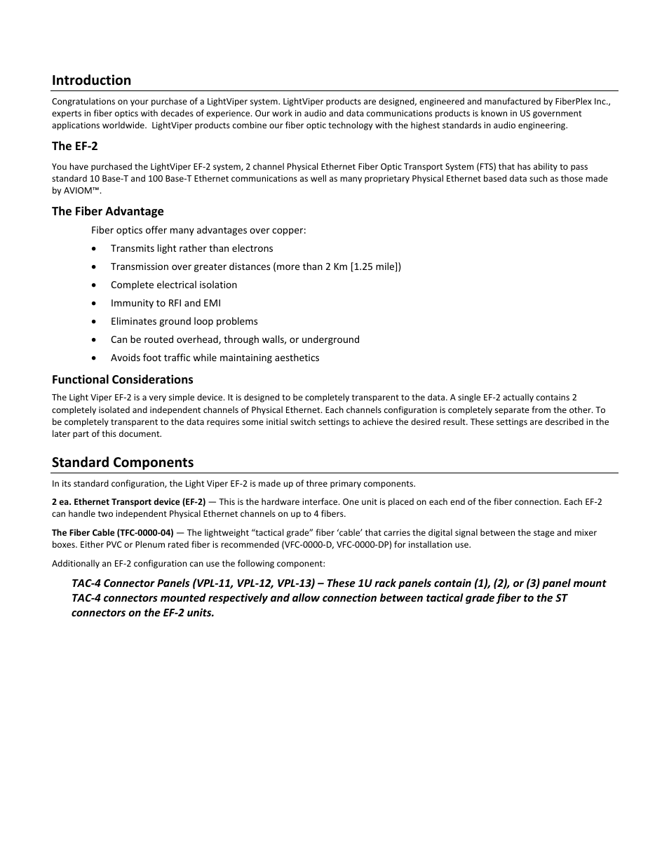 Introduction, Standard components | FiberPlex EF2 User Manual | Page 6 / 18