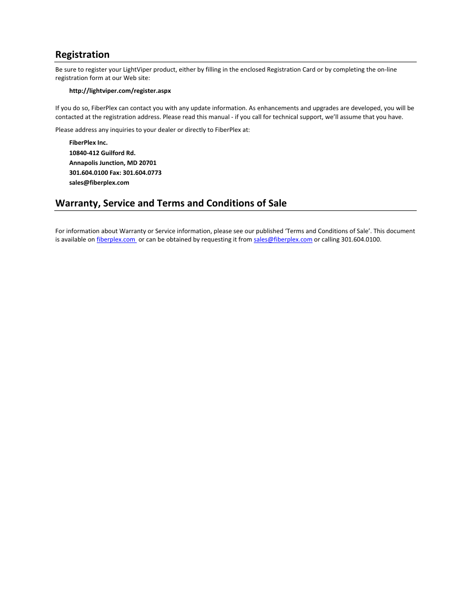 Registration, Warranty, service and terms and conditions of sale | FiberPlex VIM-MY32 User Manual | Page 5 / 15