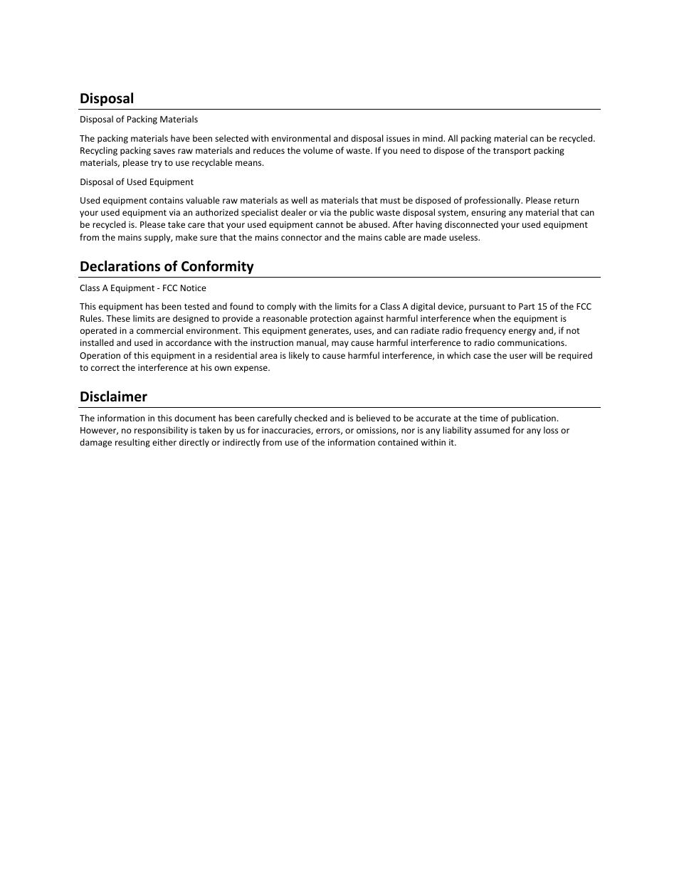 Disposal, Declarations of conformity, Disclaimer | FiberPlex VIM-MY32 User Manual | Page 6 / 15