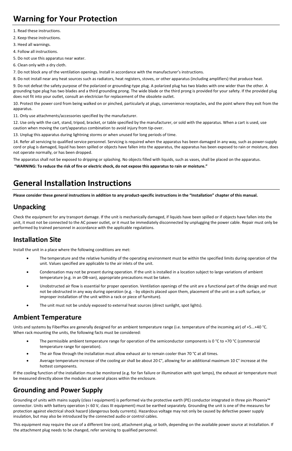 Warning for your protection, General installation instructions, Unpacking | Installation site, Ambient temperature, Grounding and power supply | FiberPlex VRK-1832 User Manual | Page 2 / 16