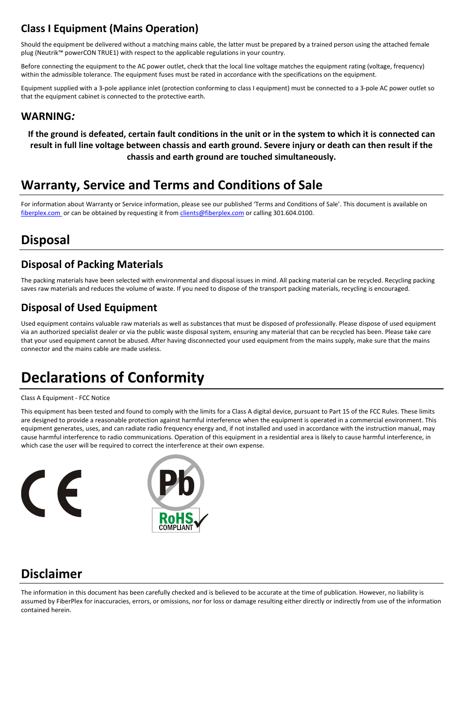 Declarations of conformity, Warranty, service and terms and conditions of sale, Disposal | Disclaimer, Class i equipment (mains operation), Warning, Disposal of packing materials, Disposal of used equipment | FiberPlex VRK-1832 User Manual | Page 3 / 16