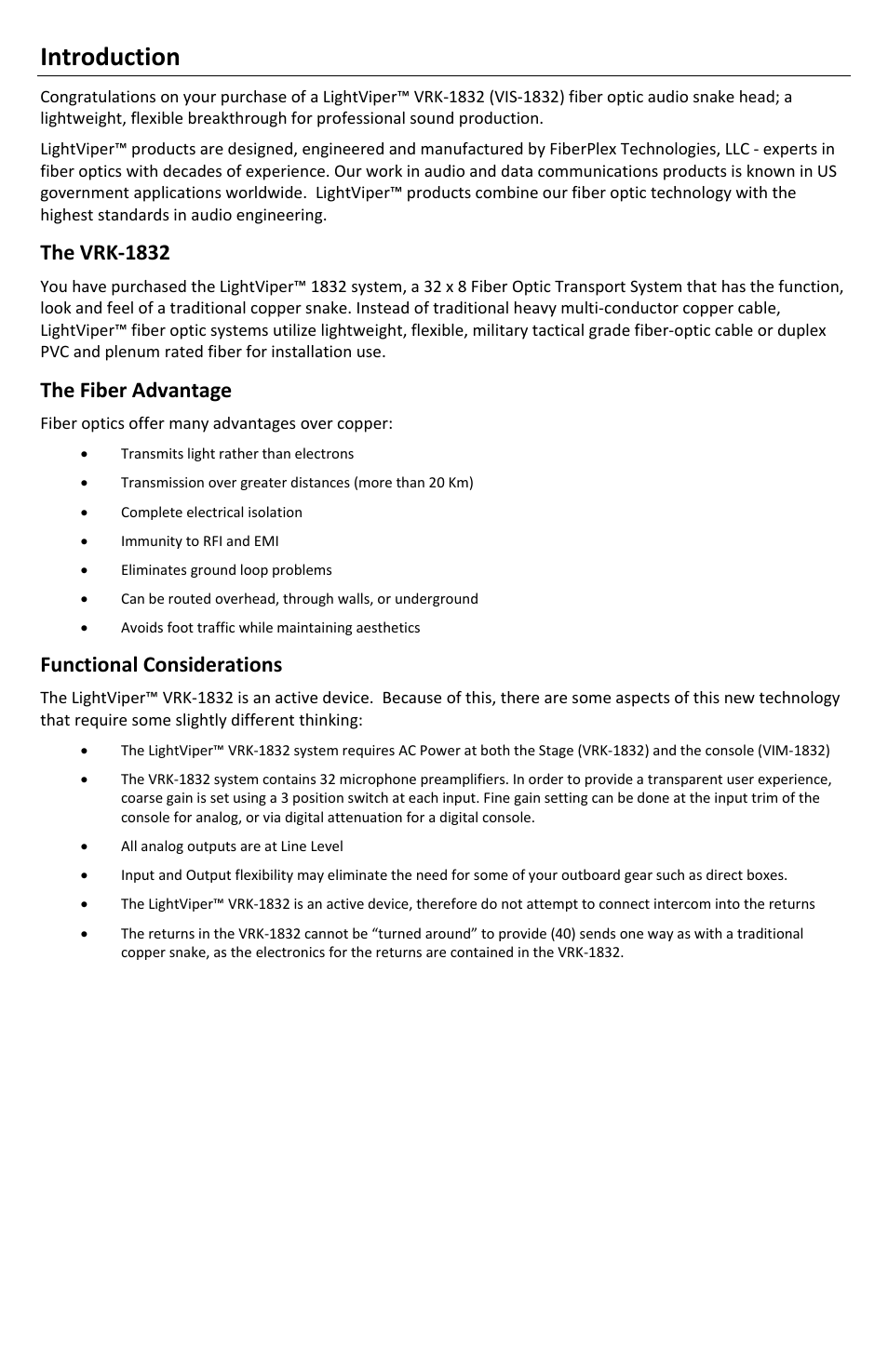 Introduction, The vrk‐1832, The fiber advantage | Functional considerations | FiberPlex VRK-1832 User Manual | Page 4 / 16