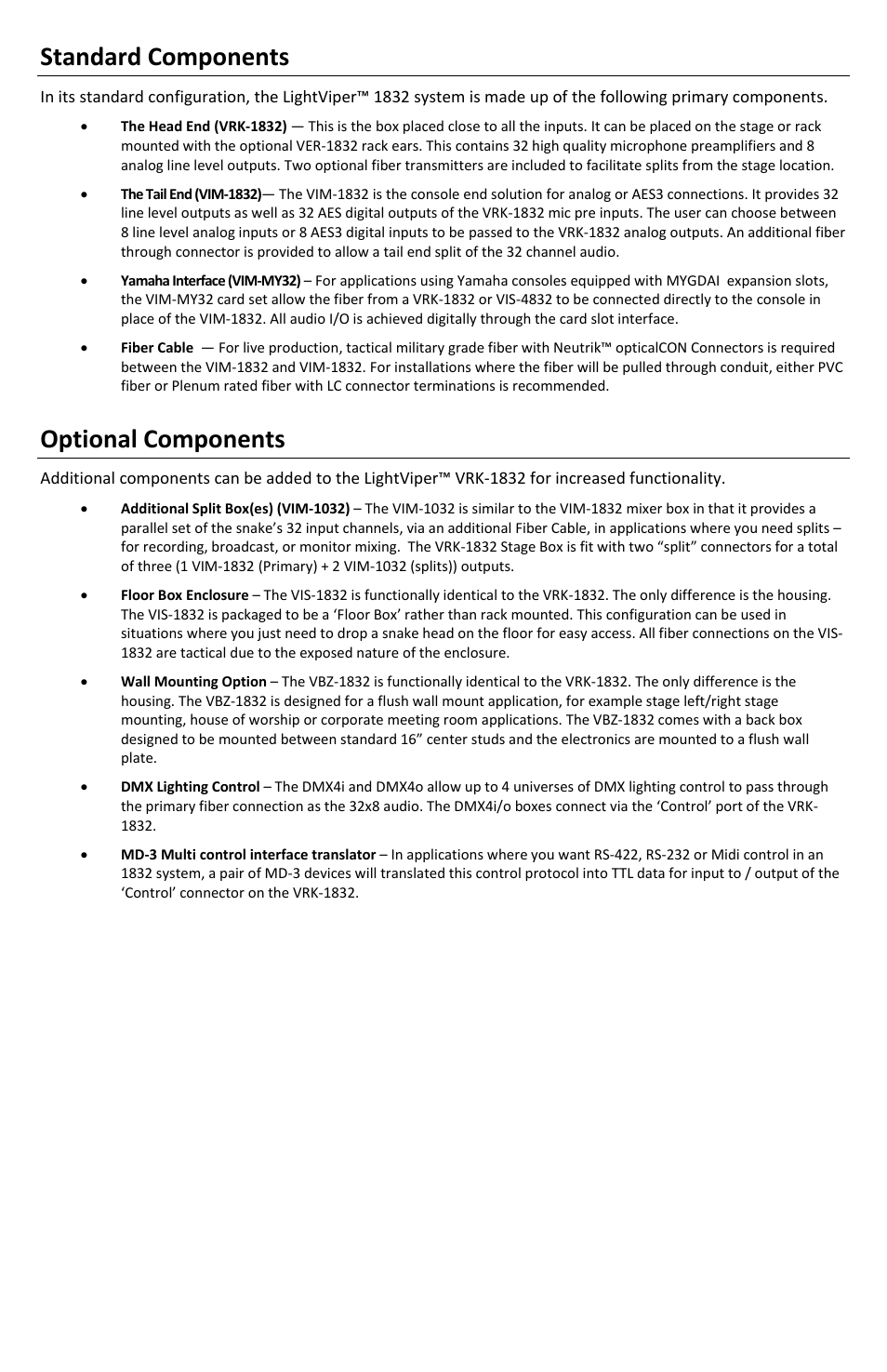 Standard components, Optional components | FiberPlex VRK-1832 User Manual | Page 5 / 16