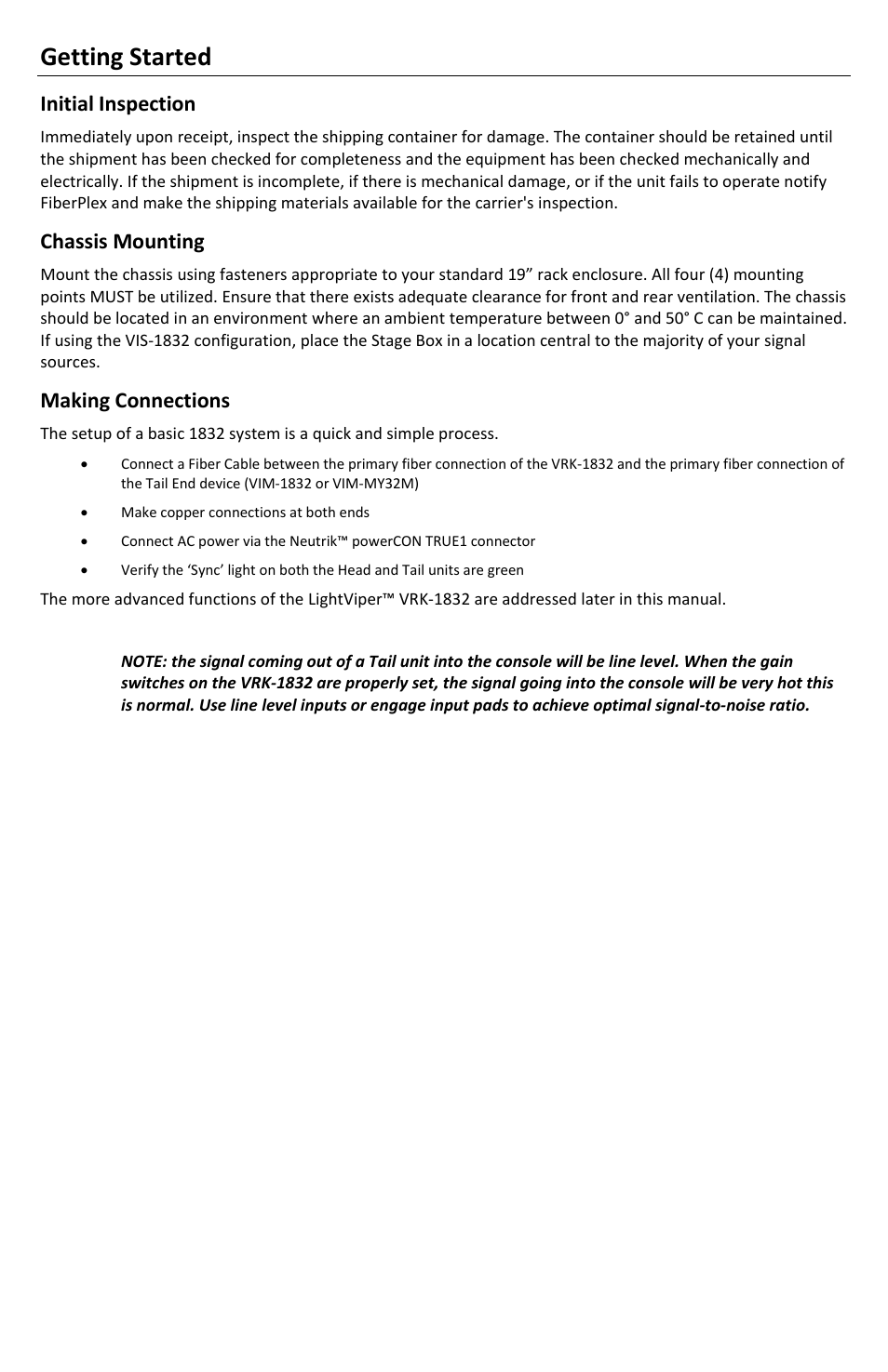 Getting started, Initial inspection, Chassis mounting | Making connections | FiberPlex VRK-1832 User Manual | Page 6 / 16