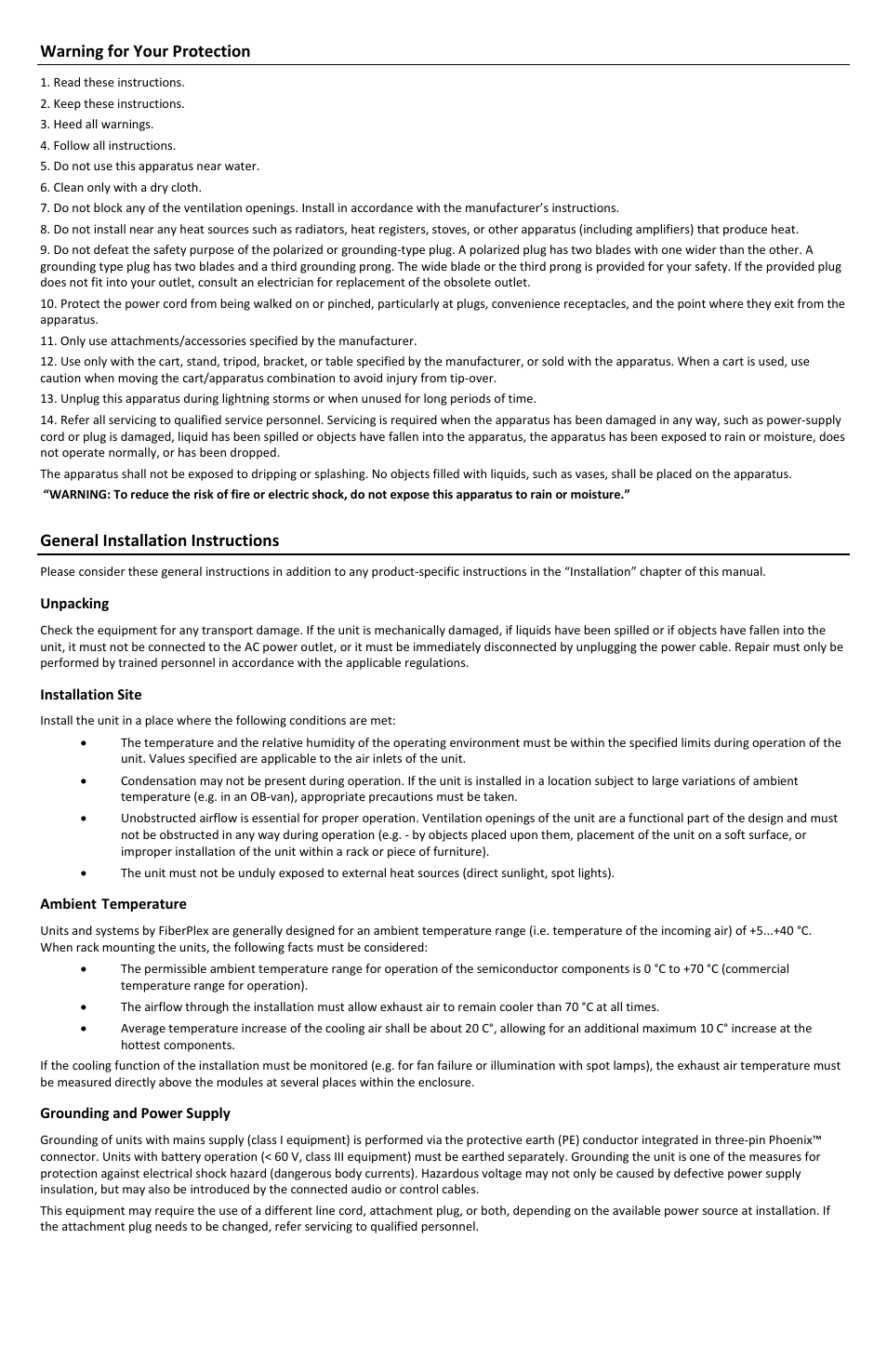 Warning for your protection, General installation instructions | FiberPlex FOI-4451 User Manual | Page 3 / 16