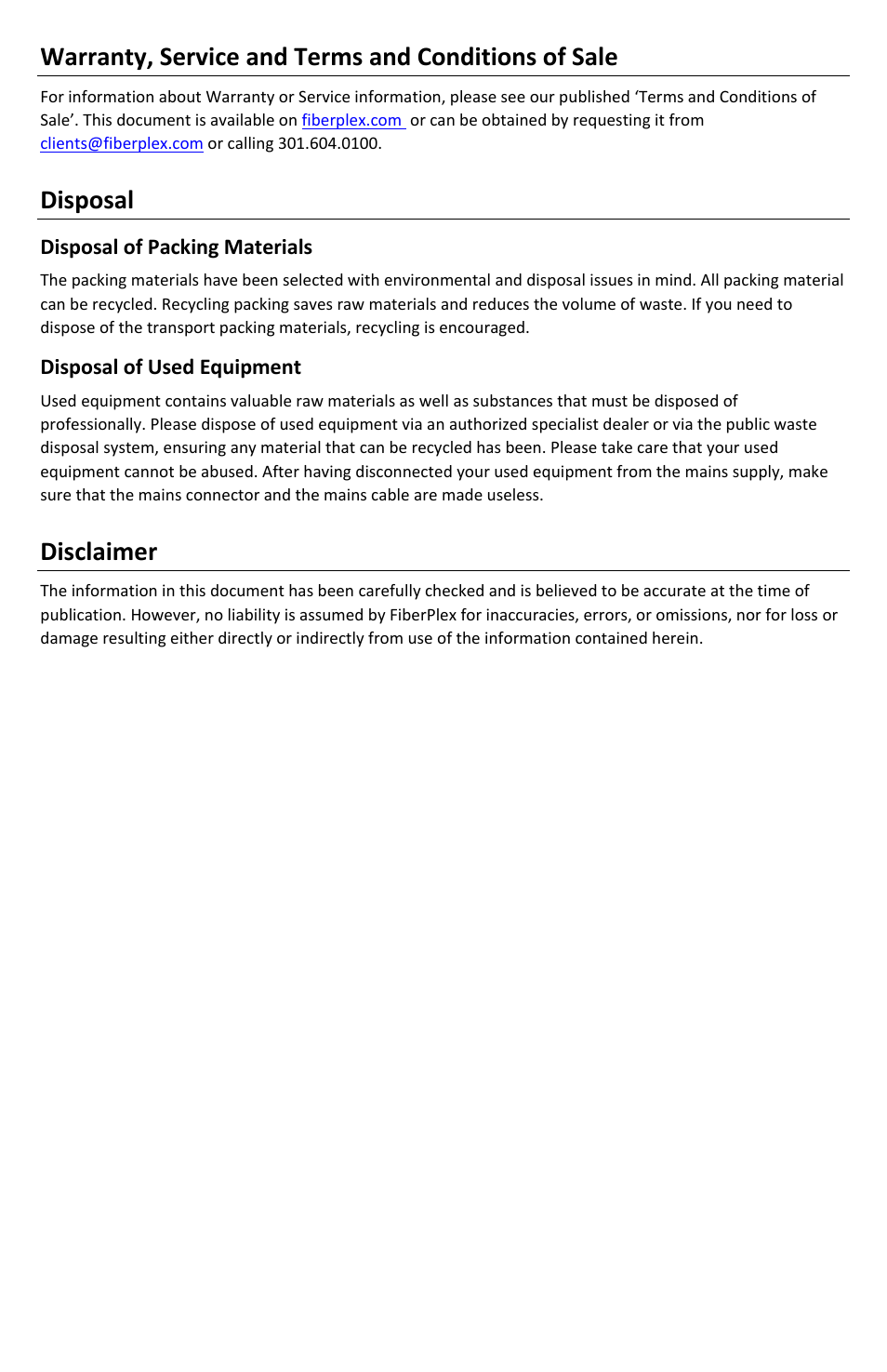 Warranty, service and terms and conditions of sale, Disposal, Disclaimer | FiberPlex FOI-4451 User Manual | Page 4 / 16
