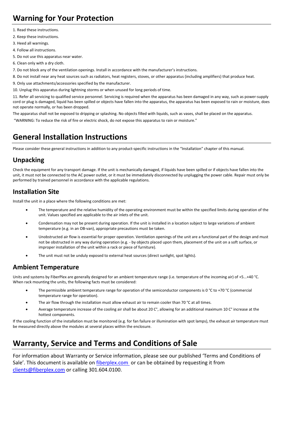 Warning for your protection, General installation instructions, Warranty, service and terms and conditions of sale | Unpacking, Installation site, Ambient temperature | FiberPlex FOM-1090 User Manual | Page 2 / 24