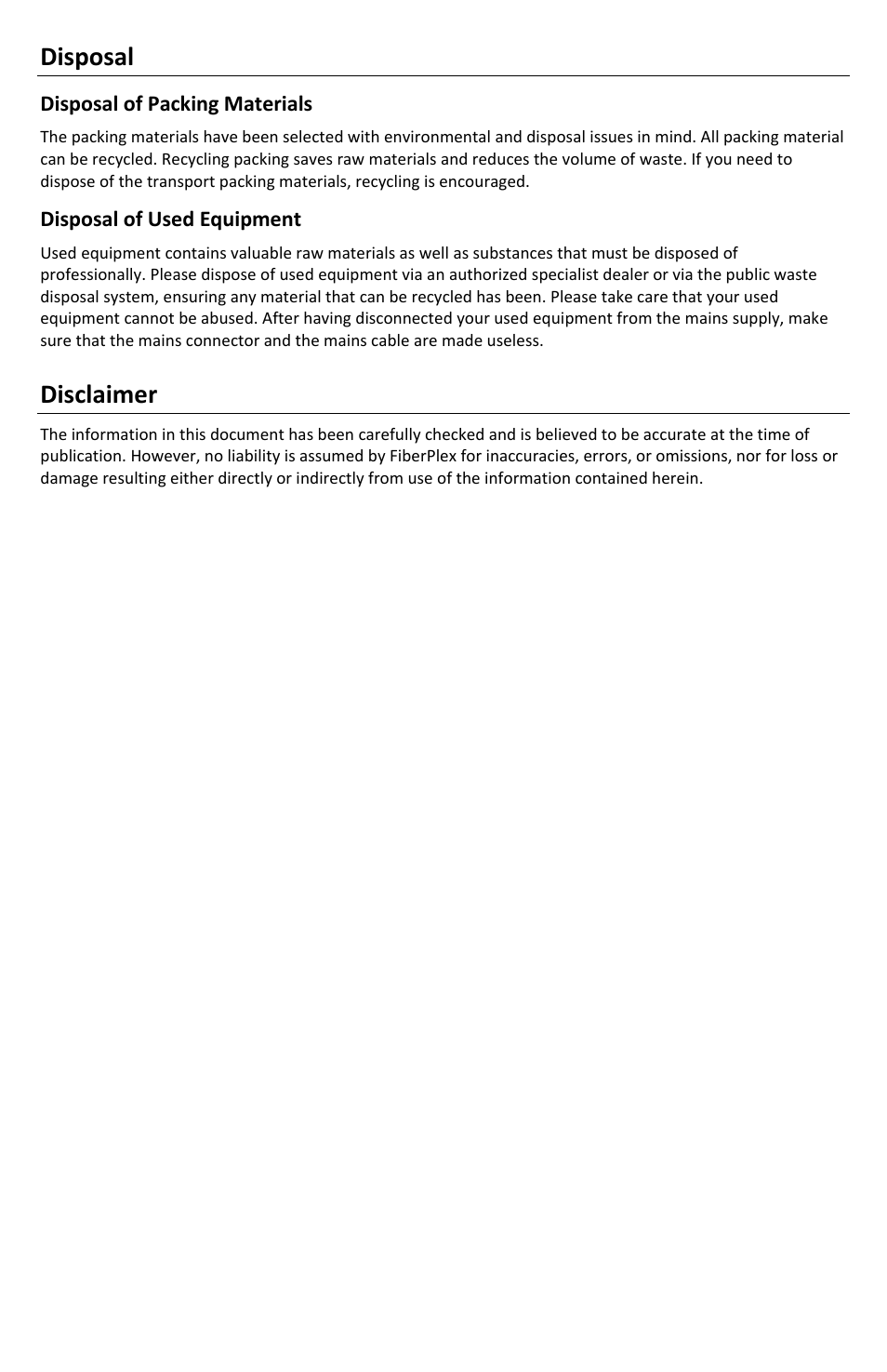 Disposal, Disclaimer | FiberPlex FOM-1090 User Manual | Page 3 / 24