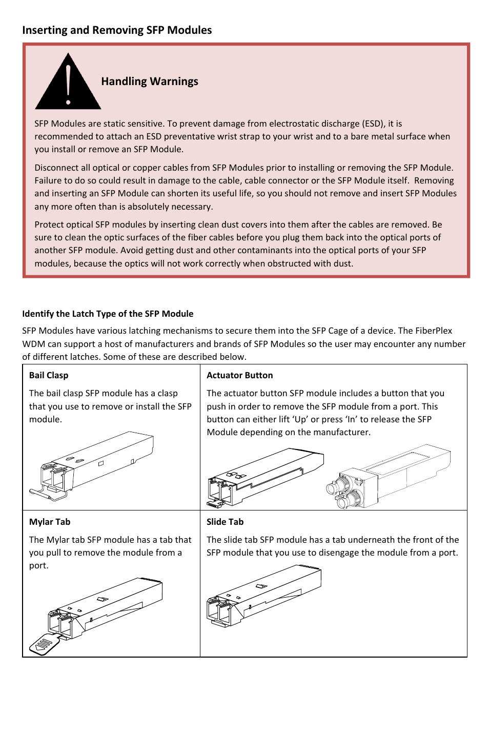Inserting and removing sfp modules, Handling warnings | FiberPlex FOI-6010 User Manual | Page 10 / 16