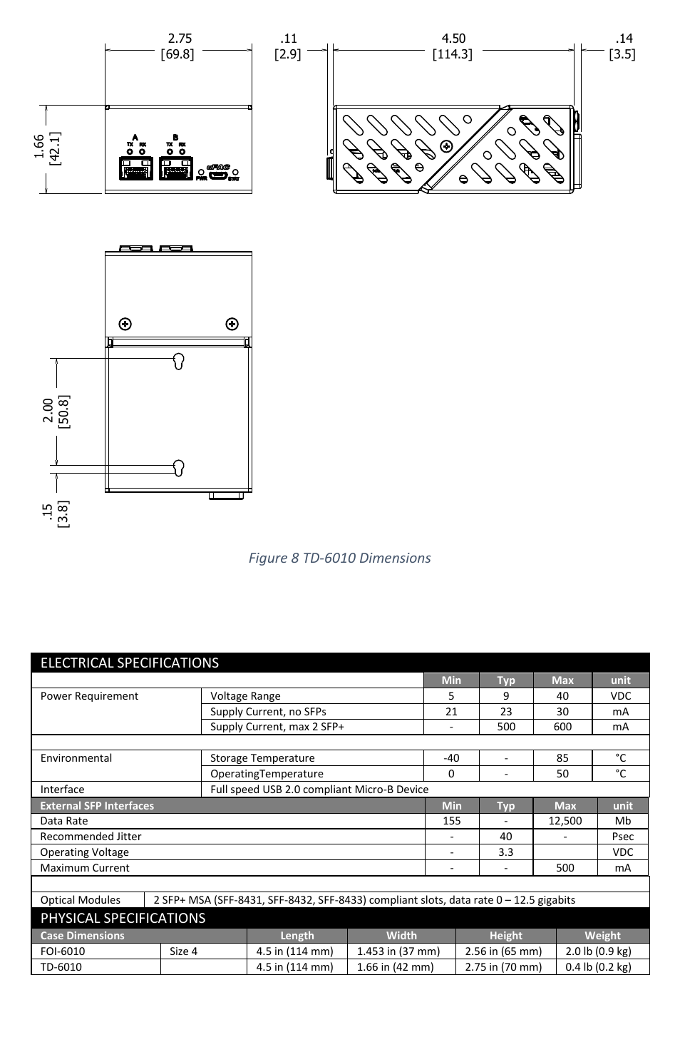 Electrical specifications, Physical specifications | FiberPlex FOI-6010 User Manual | Page 15 / 16