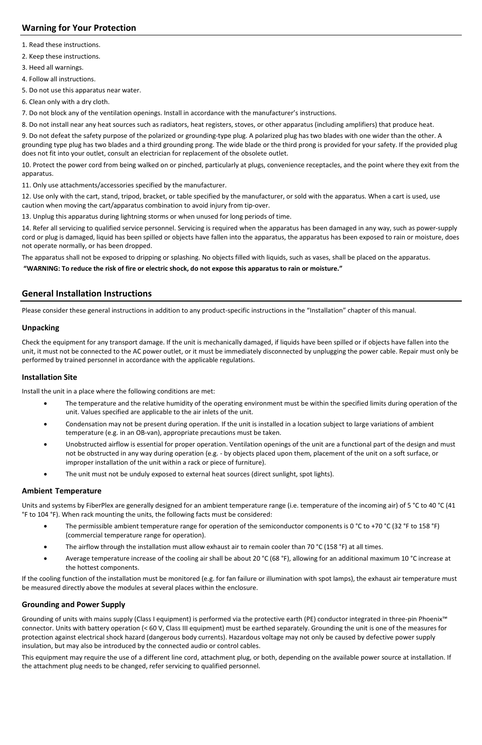 Warning for your protection, General installation instructions | FiberPlex FOI-6010 User Manual | Page 3 / 16