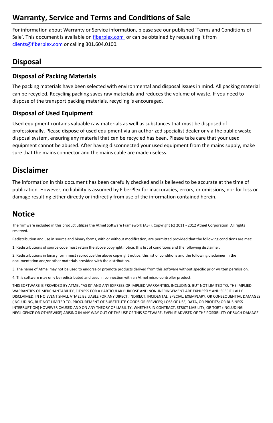 Warranty, service and terms and conditions of sale, Disposal, Disclaimer | Notice, Disposal of packing materials, Disposal of used equipment | FiberPlex FOI-6010 User Manual | Page 4 / 16
