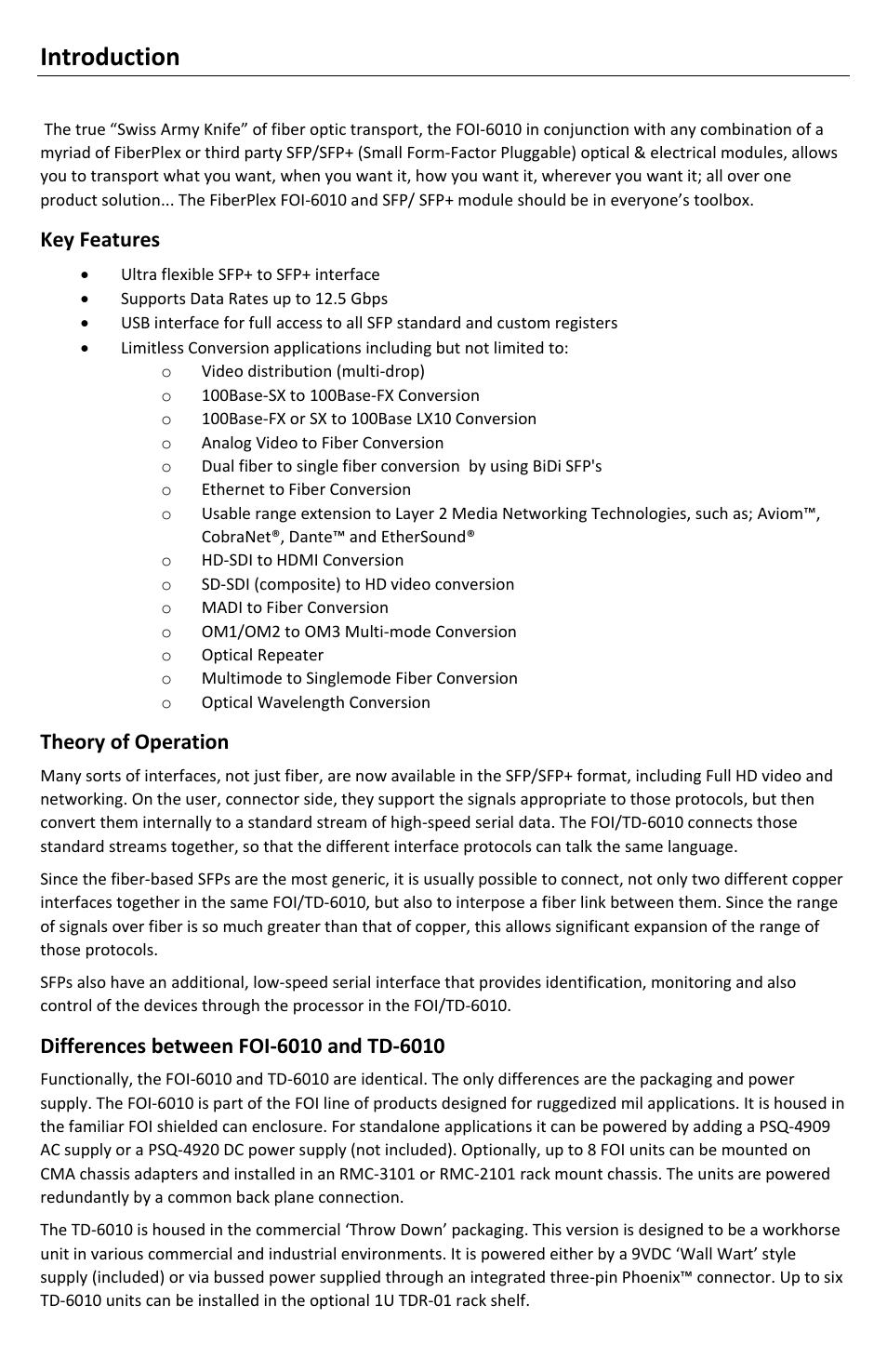 Introduction, Key features, Theory of operation | FiberPlex FOI-6010 User Manual | Page 5 / 16
