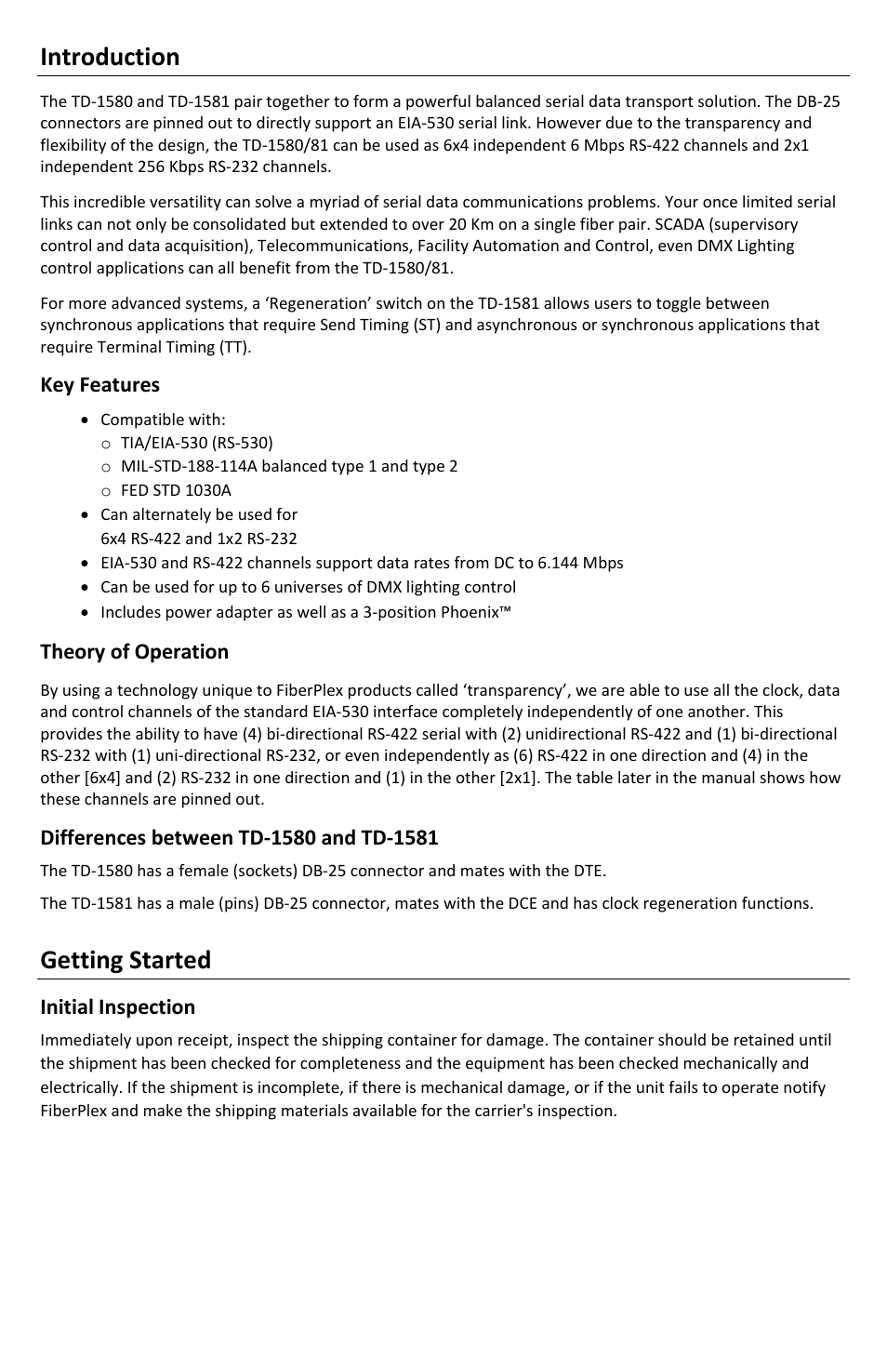 Introduction, Getting started | FiberPlex TD-1580 User Manual | Page 5 / 16