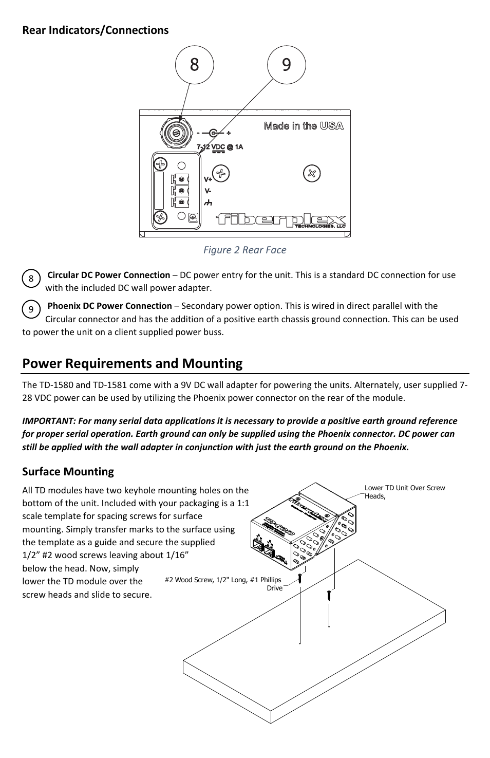 Power requirements and mounting, Rear indicators/connections, Surface mounting | FiberPlex TD-1580 User Manual | Page 8 / 16