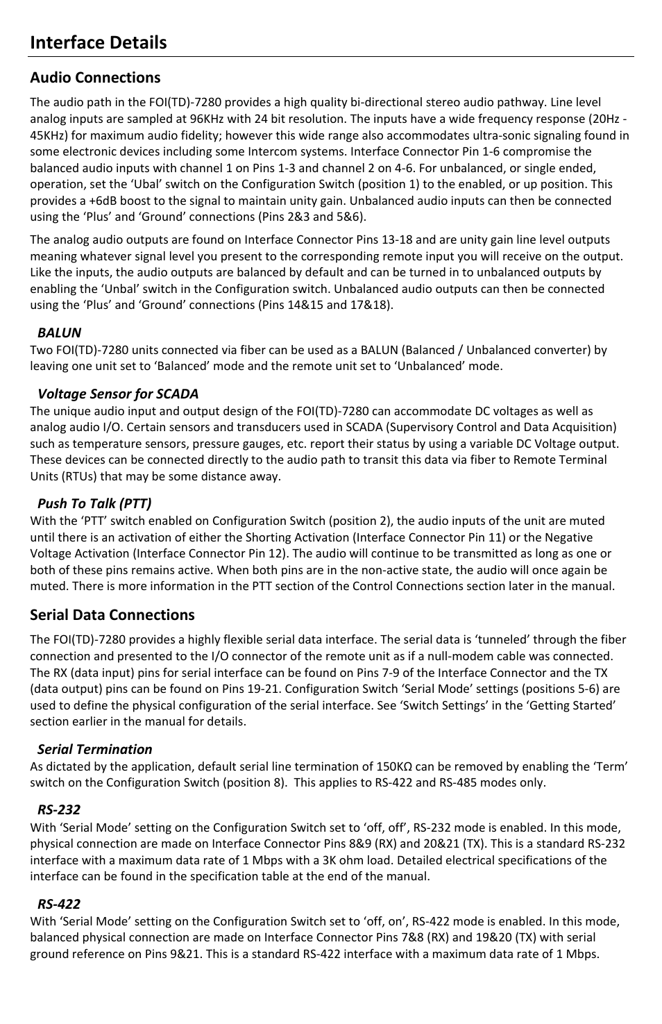 Interface details | FiberPlex TD-7280 User Manual | Page 12 / 24