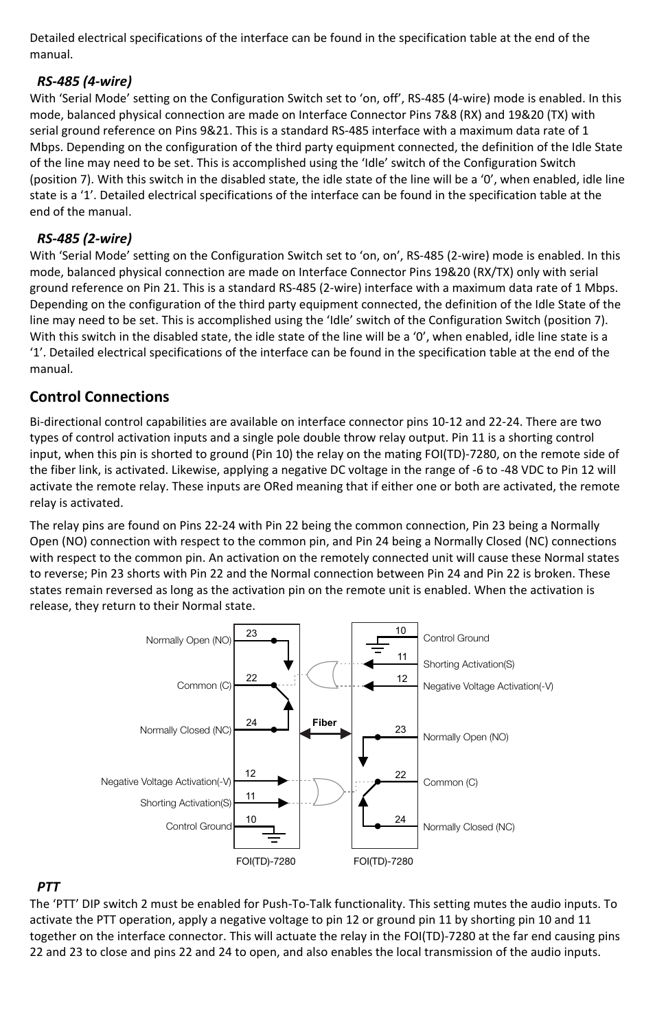 Control connections, Rs‐485 (4‐wire), Rs‐485 (2‐wire) | FiberPlex TD-7280 User Manual | Page 13 / 24