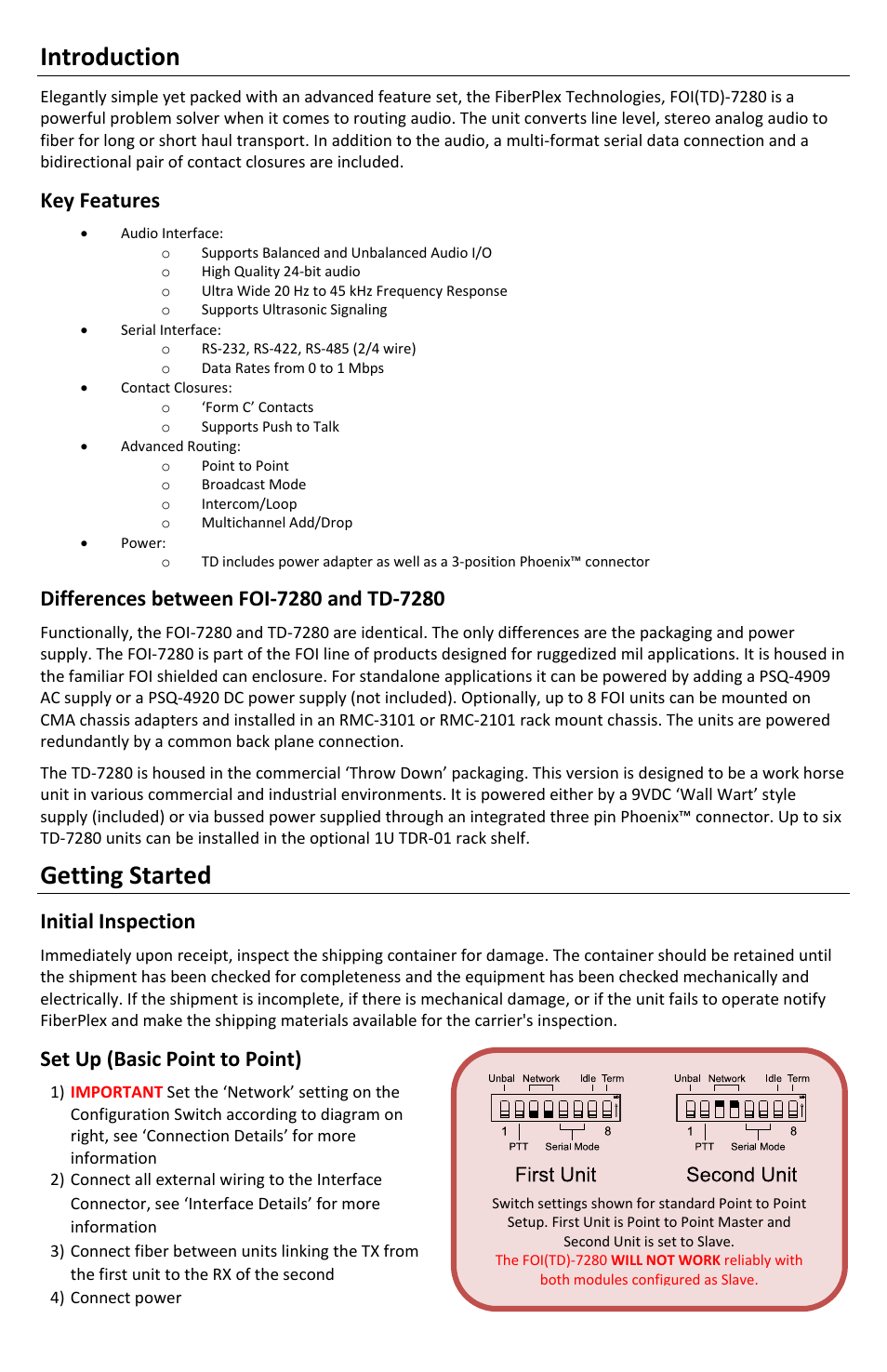 Introduction, Getting started, Key features | Initial inspection, Set up (basic point to point) | FiberPlex TD-7280 User Manual | Page 5 / 24