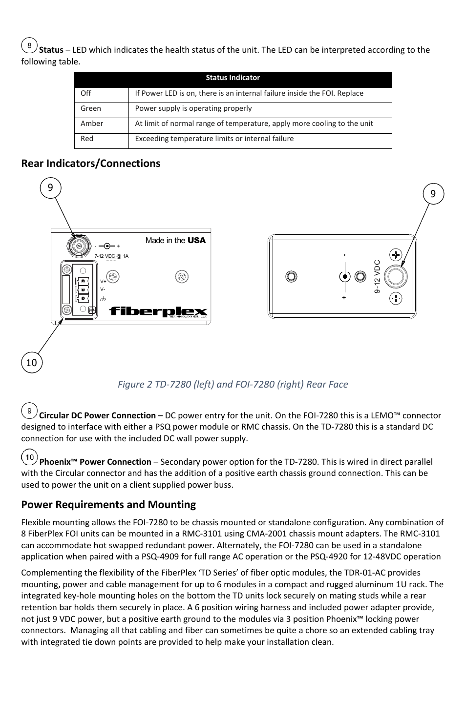 Rear indicators/connections, Power requirements and mounting | FiberPlex TD-7280 User Manual | Page 8 / 24