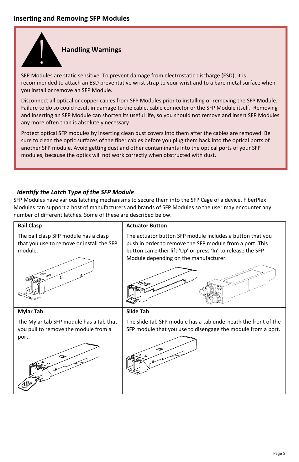 Inserting and removing sfp modules, Handling warnings | FiberPlex TIS-8632 User Manual | Page 10 / 16