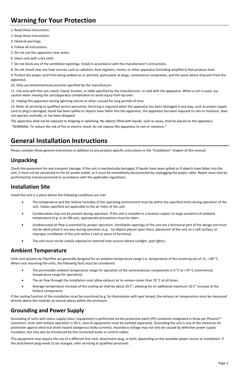 Warning for your protection, General installation instructions, Unpacking | Installation site, Ambient temperature, Grounding and power supply | FiberPlex TIS-8632 User Manual | Page 3 / 16