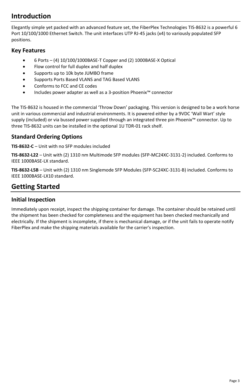 Introduction, Getting started, Key features | Standard ordering options, Initial inspection | FiberPlex TIS-8632 User Manual | Page 5 / 16
