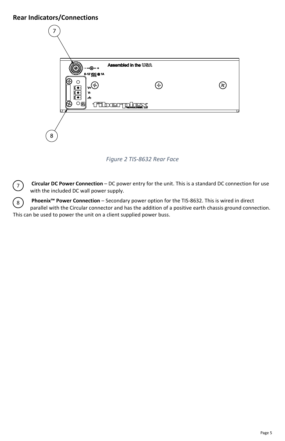 Rear indicators/connections | FiberPlex TIS-8632 User Manual | Page 7 / 16