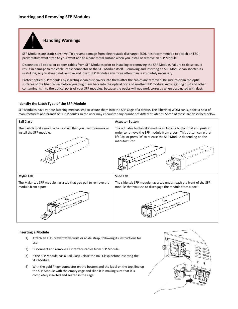 Inserting and removing sfp modules, Handling warnings | FiberPlex WDM8 User Manual | Page 14 / 24