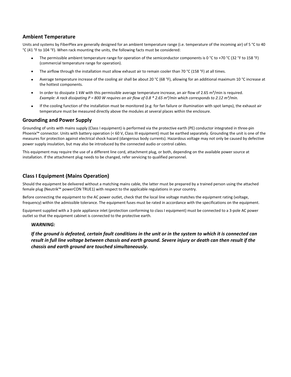 Ambient temperature, Grounding and power supply, Class i equipment (mains operation) | FiberPlex WDM8 User Manual | Page 4 / 24