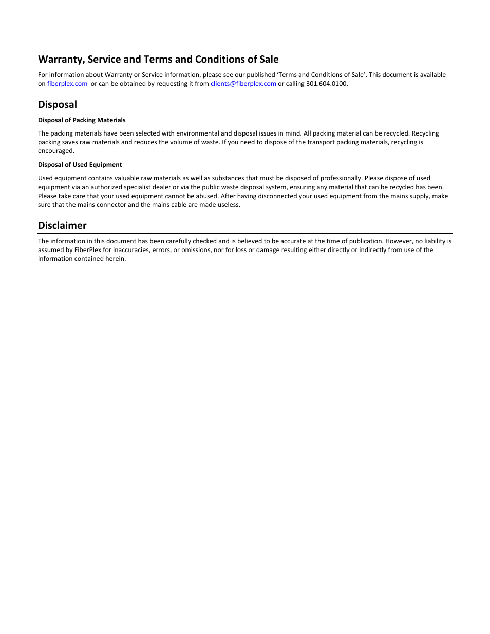 Warranty, service and terms and conditions of sale, Disposal, Disclaimer | FiberPlex WDM8 User Manual | Page 5 / 24
