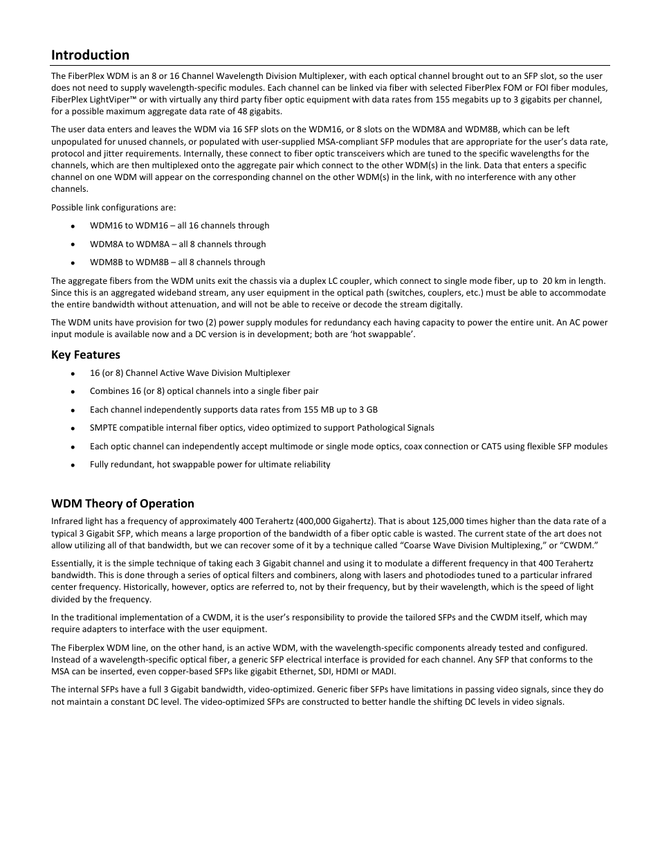 Introduction, Key features, Wdm theory of operation | FiberPlex WDM8 User Manual | Page 6 / 24