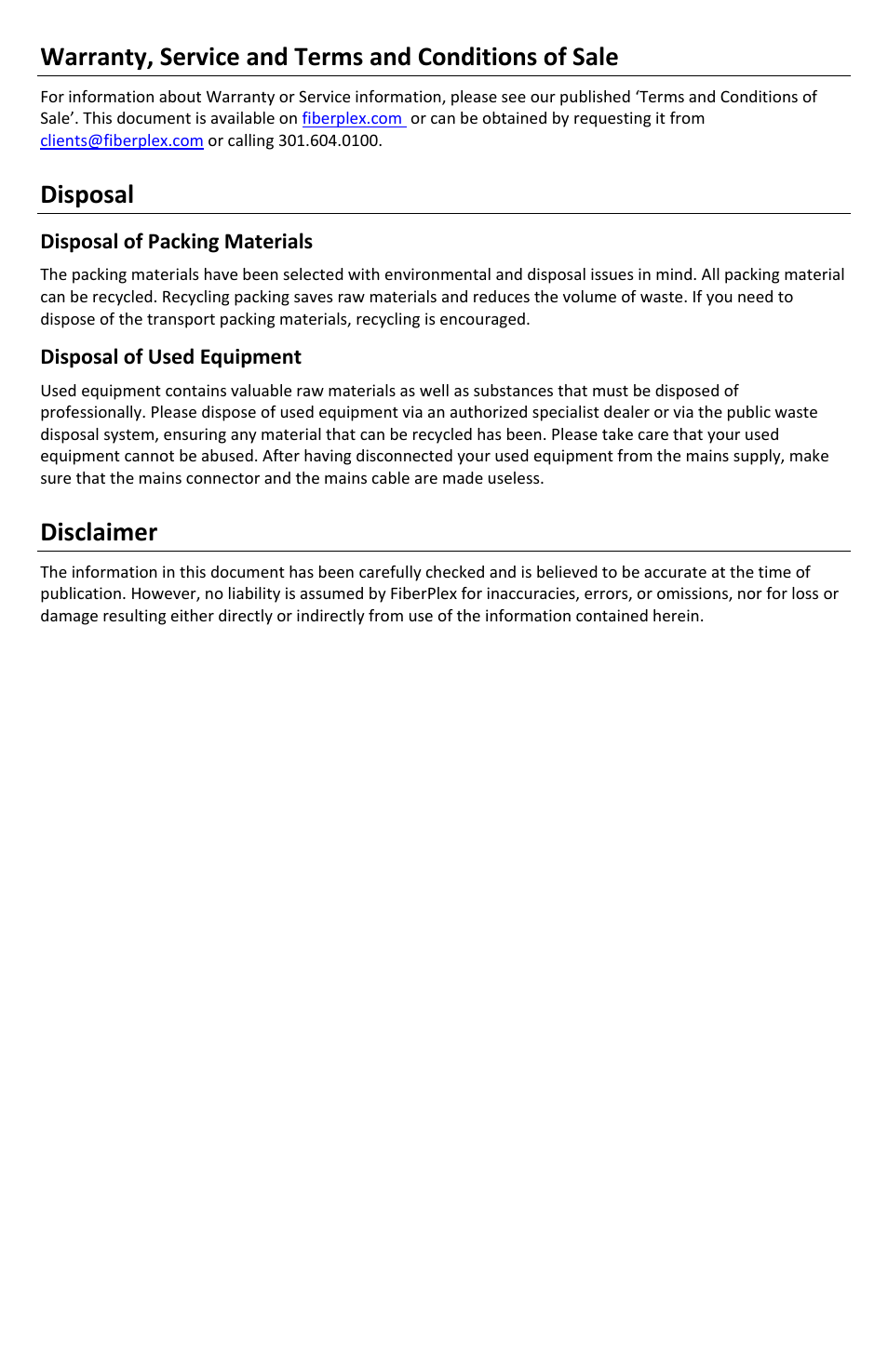 Warranty, service and terms and conditions of sale, Disposal, Disclaimer | FiberPlex TDP User Manual | Page 3 / 12