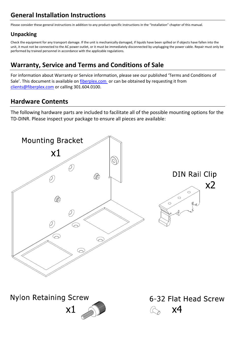 General installation instructions, Warranty, service and terms and conditions of sale, Hardware contents | FiberPlex TD-DINR User Manual | Page 2 / 8