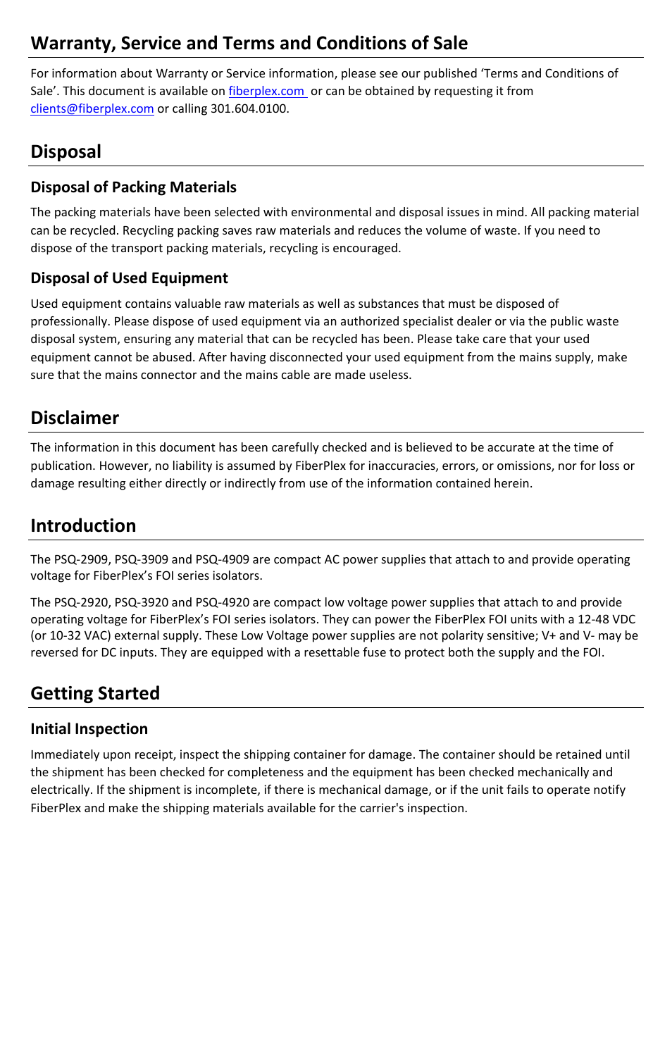 Warranty, service and terms and conditions of sale, Disposal, Disclaimer | Introduction, Getting started | FiberPlex PSQ-2909 User Manual | Page 4 / 8