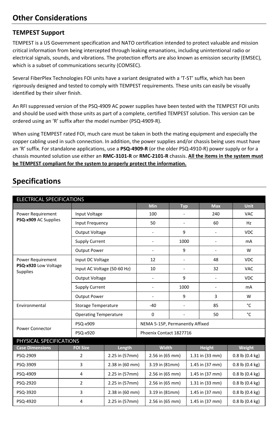 Other considerations, Specifications, Tempest support | FiberPlex PSQ-2909 User Manual | Page 6 / 8