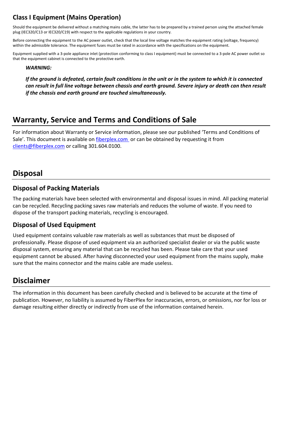 Warranty, service and terms and conditions of sale, Disposal, Disclaimer | FiberPlex RMC-3101 User Manual | Page 3 / 16