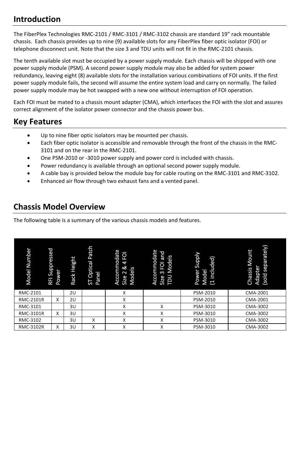 Introduction, Key features, Chassis model overview | FiberPlex RMC-3101 User Manual | Page 4 / 16
