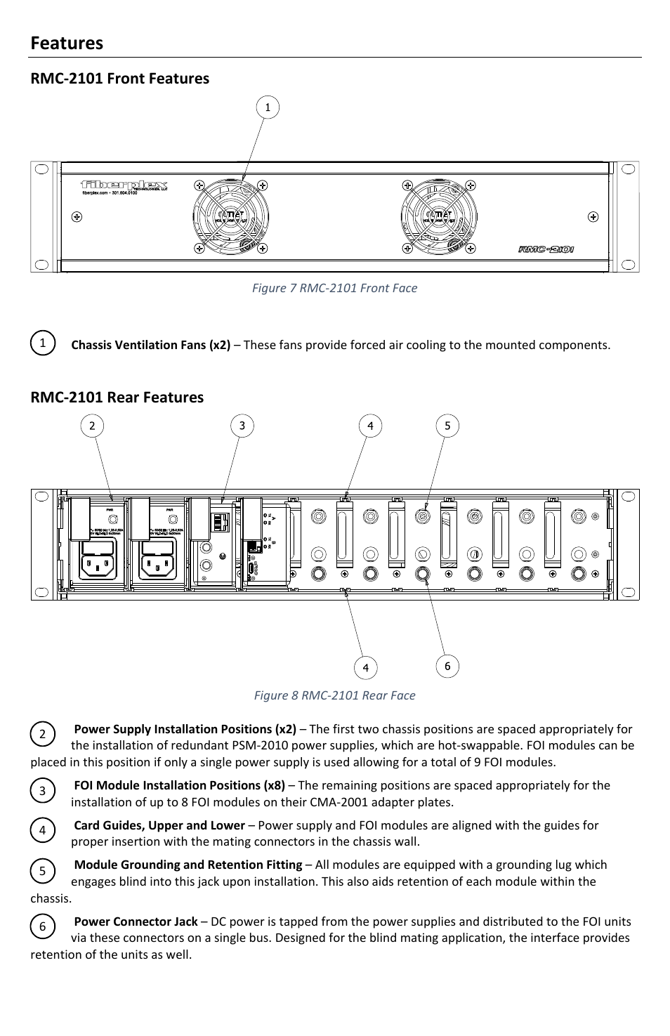 Features, Rmc‐2101 front features, Rmc‐2101 rear features | FiberPlex RMC-3101 User Manual | Page 8 / 16