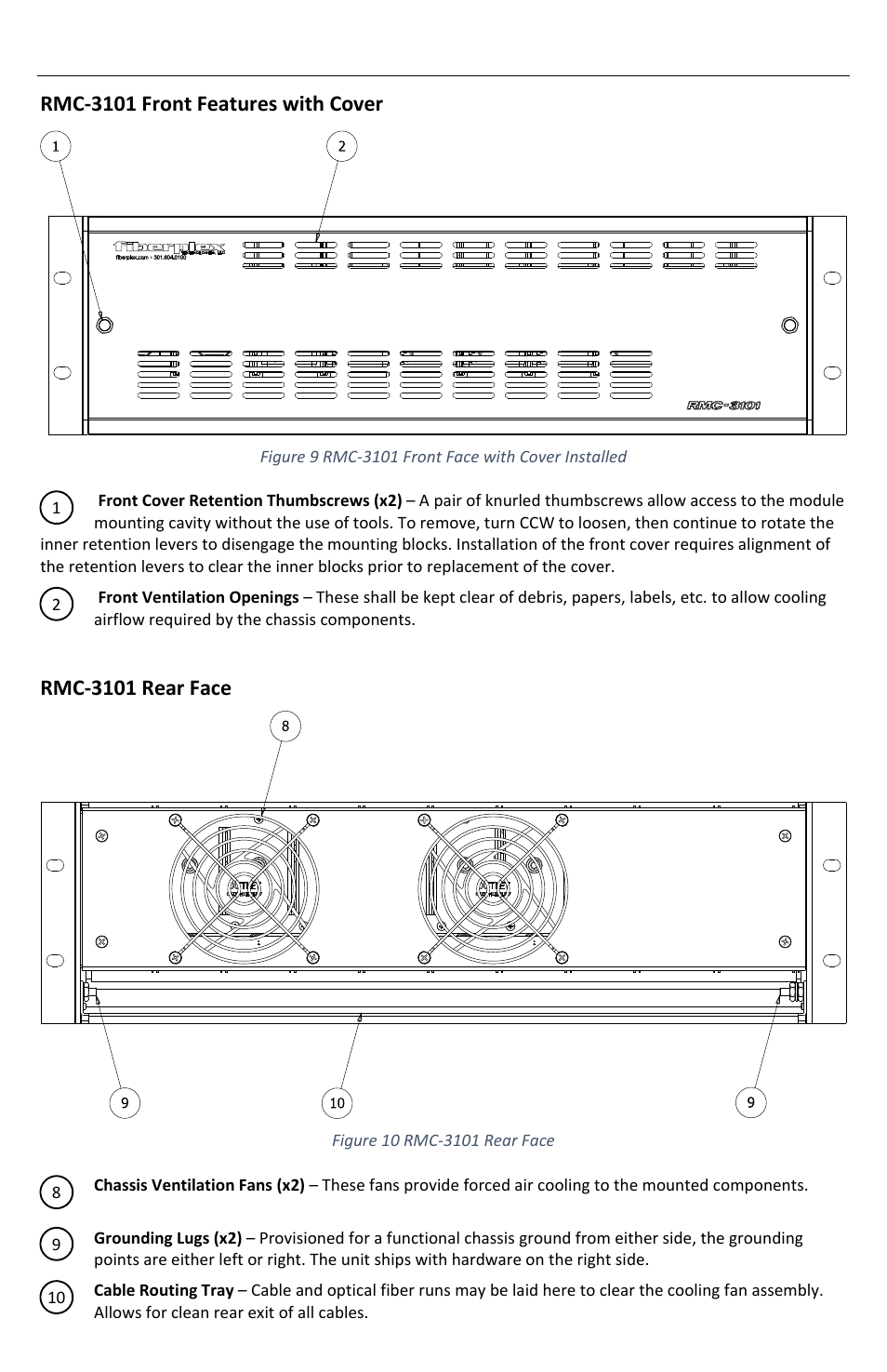 Rmc‐3101 front features with cover, Rmc‐3101 rear face | FiberPlex RMC-3101 User Manual | Page 9 / 16