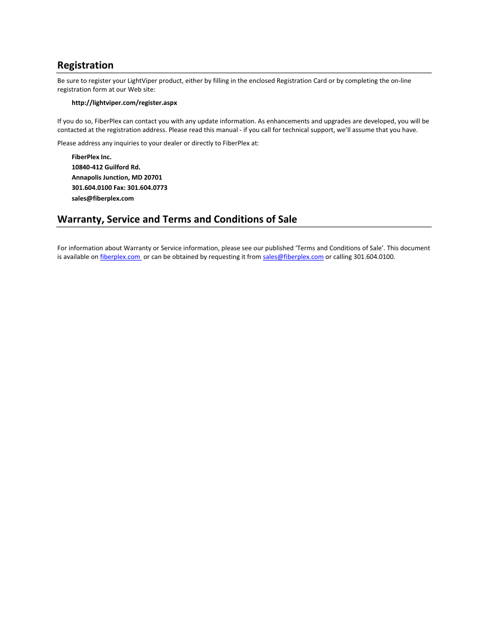Registration, Warranty, service and terms and conditions of sale | FiberPlex DMX4i User Manual | Page 4 / 12