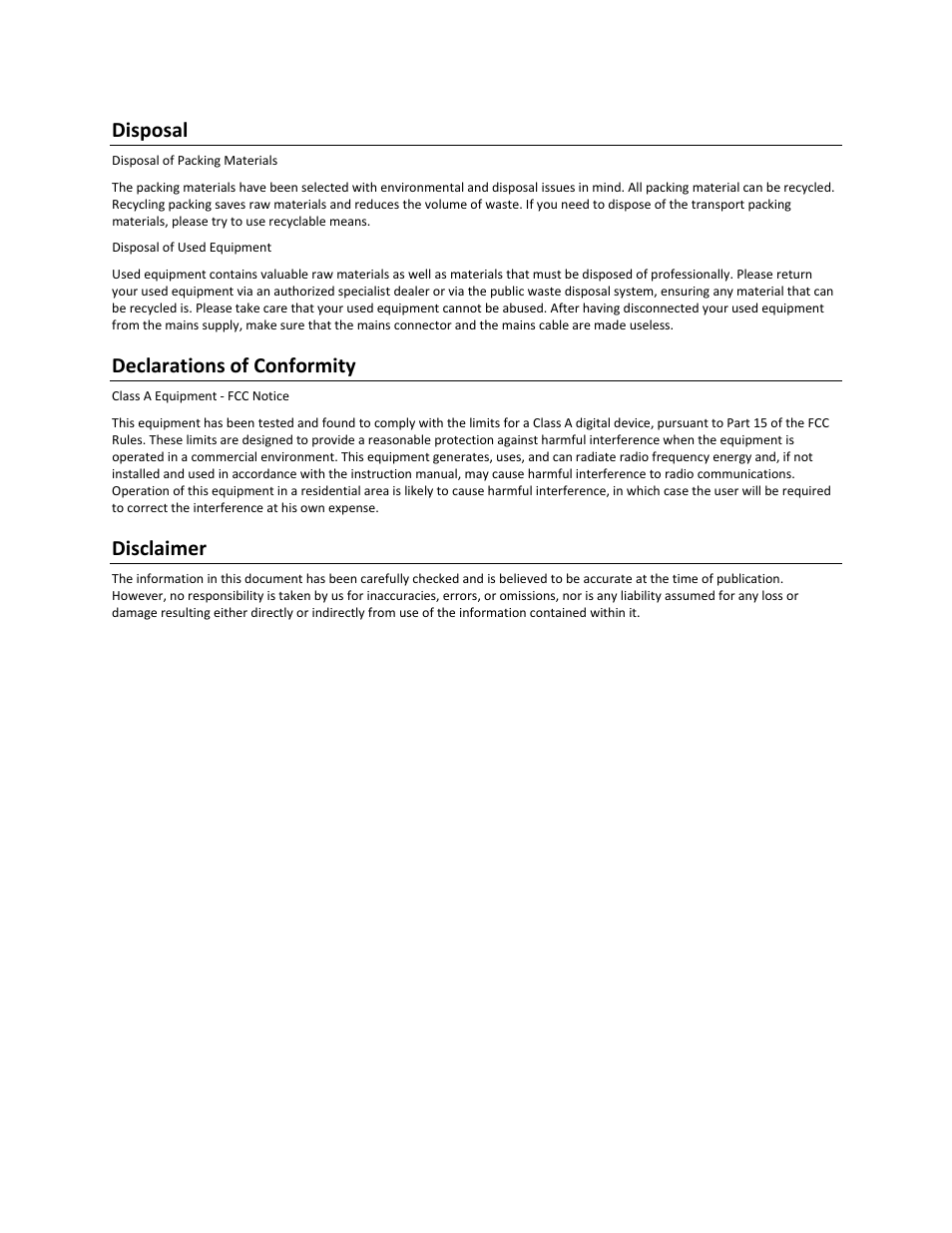 Disposal, Declarations of conformity, Disclaimer | FiberPlex DMX4i User Manual | Page 5 / 12