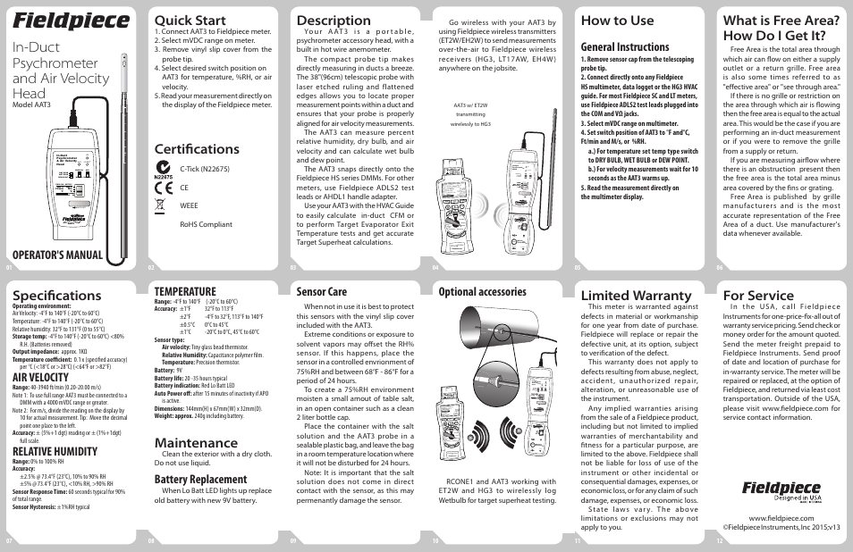 Fieldpiece AAT3 - Hot-wire Anemometer & Psychrometer Accessory Head User Manual | 2 pages