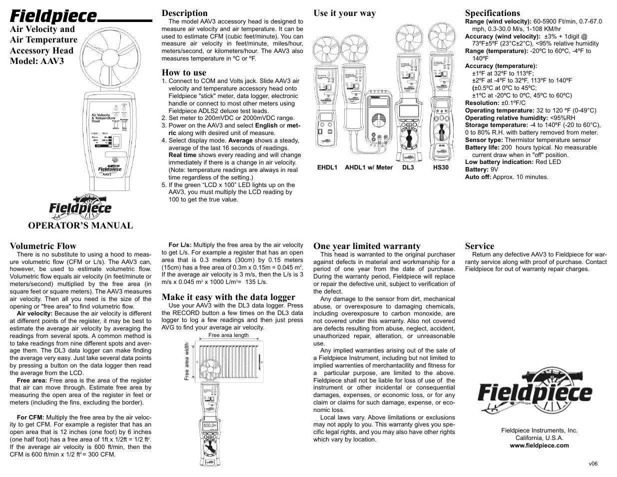 Fieldpiece AAV3 - Air Velocity and Temperature Accessory Head User Manual | 1 page