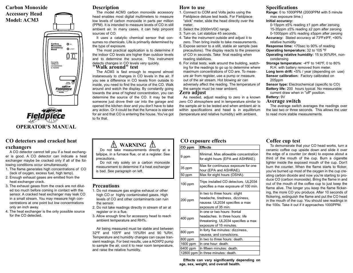 Fieldpiece ACM3 - Carbon Monoxide Accessory Head User Manual | 2 pages