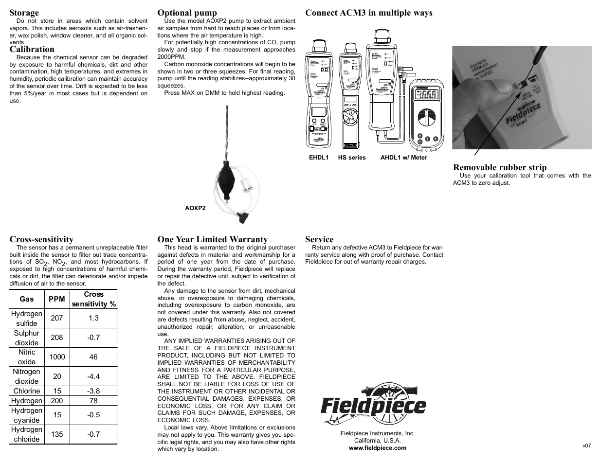 Storage, Calibration, Optional pump | Connect acm3 in multiple ways, Cross-sensitivity, One year limited warranty, Service, Removable rubber strip | Fieldpiece ACM3 - Carbon Monoxide Accessory Head User Manual | Page 2 / 2