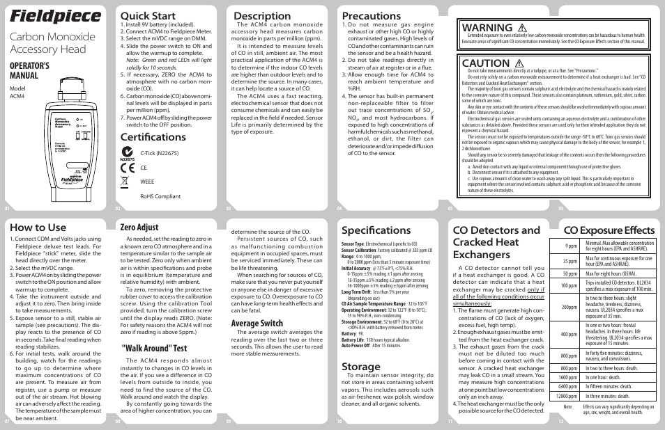 Fieldpiece ACM4 - Carbon Monoxide Detector Accessory User Manual | 2 pages